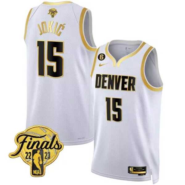 Men%27s Denver Nuggets #15 Nikola Jokic White 2023 Finals Collection With NO.6 Patch Stitched Basketball Jersey Dzhi